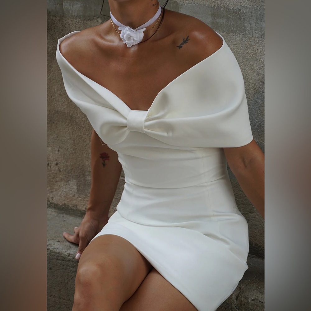 Meshki Gwyneth Off Shoulder Bow Mini Dress